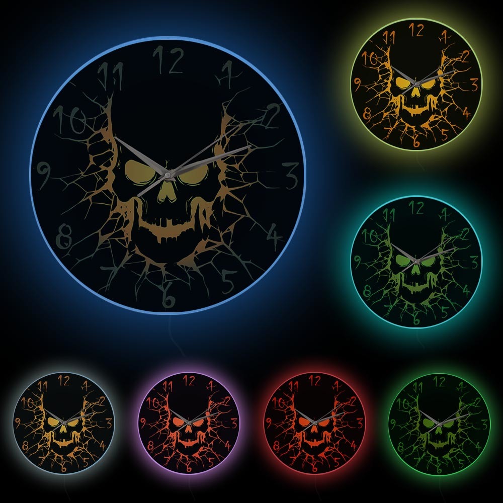 Skull with Crack Hole Horror Wall Clock Silent Non Ticking Gothic Birth of a Demon Clock Halloween Home Decor Skull Wall Clock
