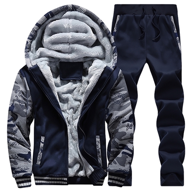 Winter Fleece Men Tracksuits Casual Set Plus Velvet Warm Sweater Suit Patchwork Camouflage Sportswear Men Clothing Plus Size 5XL 201210