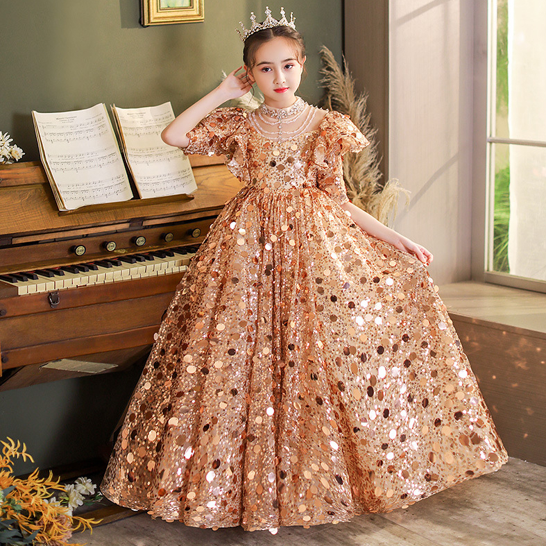 2023 Bling Crystal Flower Girls Dresses For Teens Tulle Floor Length Beach Gold sequined Girl Pageant Party Gowns Tulle Skirt Formal Kids Wear