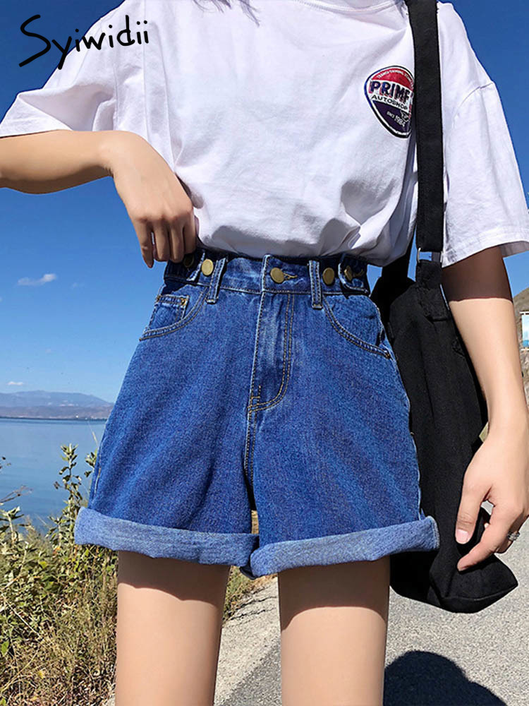 Syiwidii Women Denim Shorts Hippie Button Adjust High Waist Short Harajuku Bermuda Wide Legs Summer Cotton Jean Shorts 220527