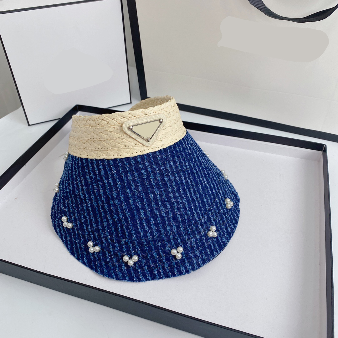 Designer Visors Women Hat Luxury With Logo Cowboy Patchwork Woven Sun Hat Pearl Denim Top Hats