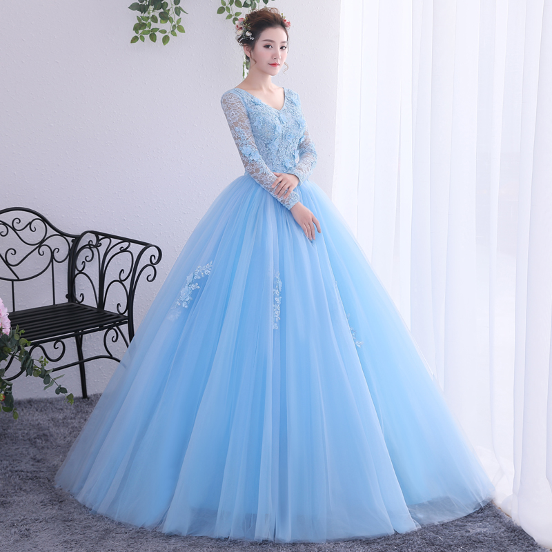 Beautiful Baby Blue Quinceanera Dresses 2022 Long Sleeve V Neck Ball Gown Prom Dress Floral Lace Corset Sweet 16 Party Evening Princess Girls Vestido 