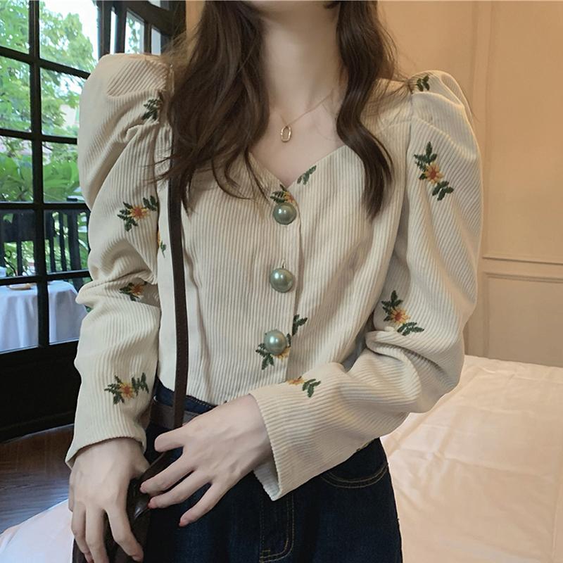 Women's Blouses & Shirts BETHQUENOY Bluzki Damskie Vintage Floral Embroidery Women Cropped Tops Camisas De Mujer Long Puff Sleeve Corduroy, Black 
Women's Blouses & Shirts BETHQUENOY Bluzki Damskie Vintage Floral Embroidery Women Cropped Tops Camisas De Mujer Long Puff Sleeve Corduroy, Black