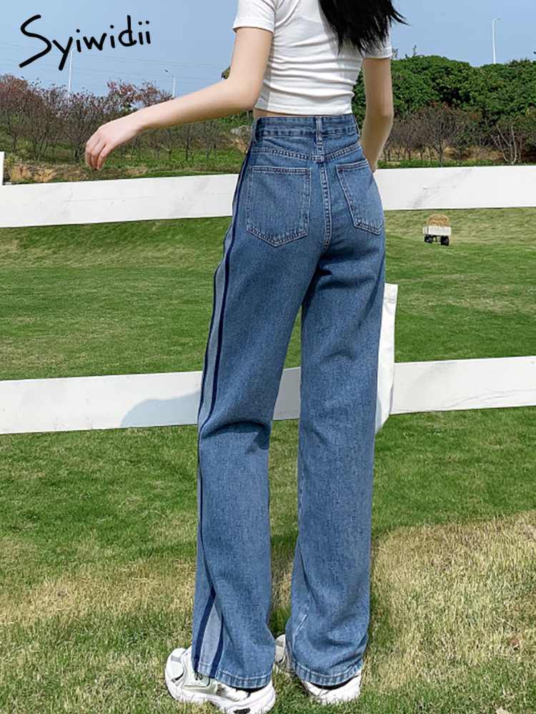 Syiwidii Side Stripe Jeans for Women High Waisted Y2k Fashion Vintage Streetwear Hit Color Blue Denim Cargo Pants Female 220815