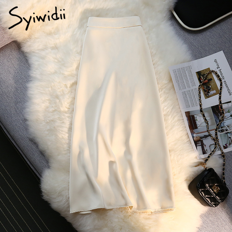 Syiwidii Silk Satin Long Skirts for Women 4 Seasons Elegant Female Midi A Line Side Zipper Back Elastic Band Fashion 220317