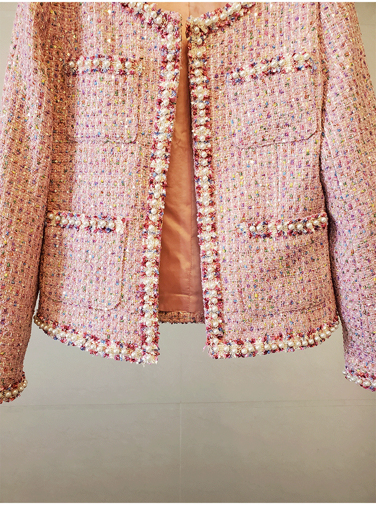 New Autumn fashion womens o-neck beading paillette lurex shinny bling tweed woolen single breasted jacket coat plus size casacos SML