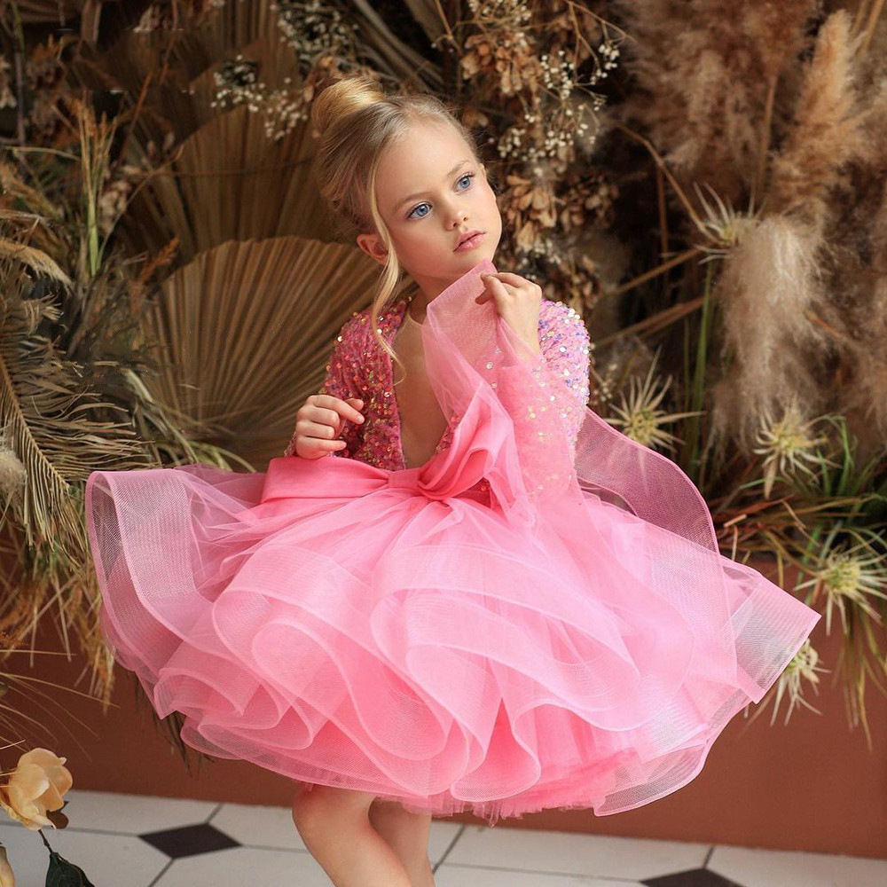 2023 Bling Beaded Crystal Flower Girls Dresses For Teens Tulle Floor Length Beach Girl Pageant Party Gowns Tulle Skirt Formal Kids Christmas Wear