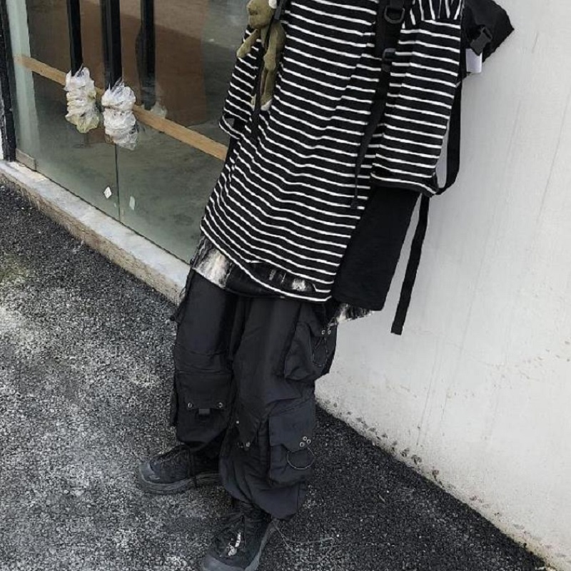 QWEEK Gothic Streetwear Black Cargo Pant Hip Hop Punk Oversize Wide Leg Trousers Female Techwear Korean Style Joggers 220325