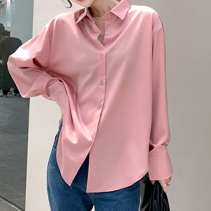 Autumn Fashion Button Up Satin Silk Shirt Vintage Blouse Casual Loose Down Shirts Tops Lady Long Sleeve Female Blusas 220809