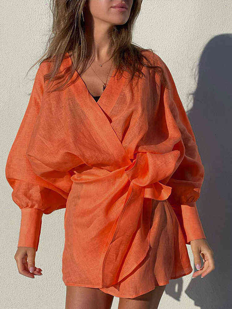 Women's Linen Cotton Solid Color Mid-length Lantern Sleeve Dress 2022 Summer New Light Breathable Irregular Lace Up Mini Robe T220816