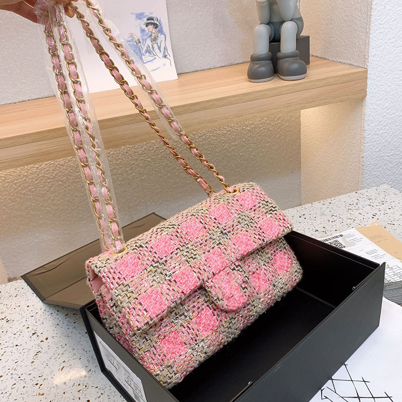 

2022Ss Women Tweed Quilted Shoulder Bag Classic Double Flap Check Gold Chain Luxury Designer Tote Fashion Crossbody Large Capacity Shopping HandBag Wallet 25CM, Pink