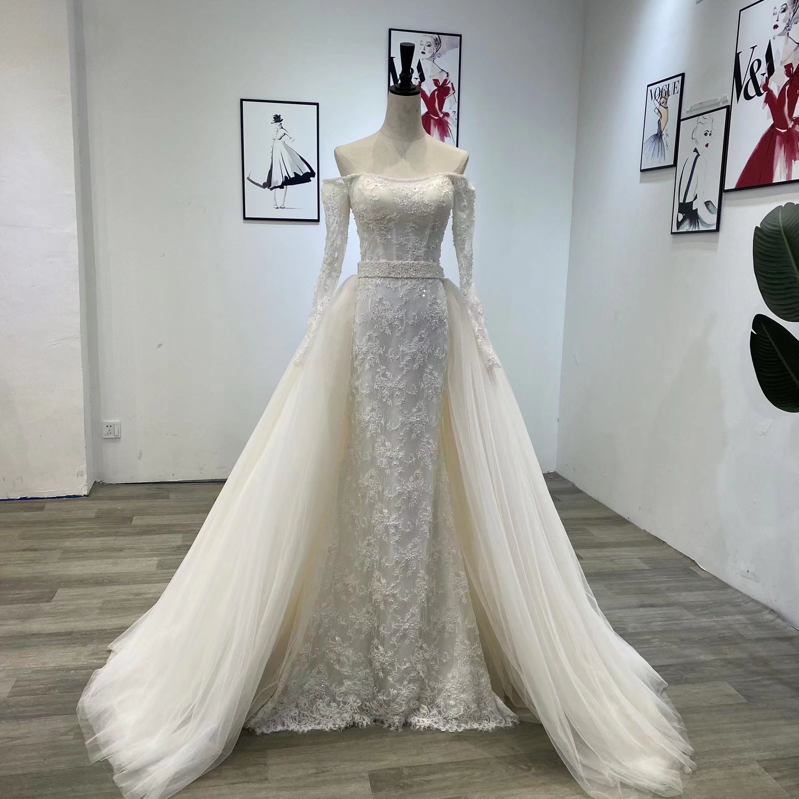 Bateau Elegant Mermaid Wedding Dresses Long Sleeves Off Shoulder Backless Strapless or Length Appliques Detachable Train Custom Made Vestidos De Novia