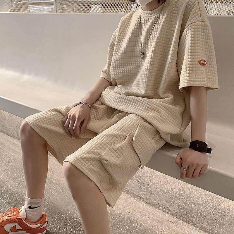 Men Summer Cargo Shorts Set Two Piece Loose Tracksuit Short Sleeve Tee Oversized Tshirts Mens Sets Male Chic Casual Clothing 220704