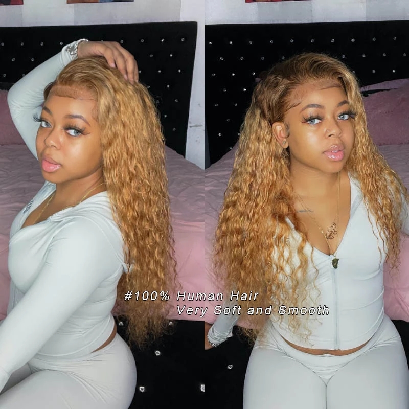 Ginger Wigs Colored Burgundy Lace Front Wig Peruvian Deep Wave Human Hair Transparent Lace Curly Blonde 150%density perruque