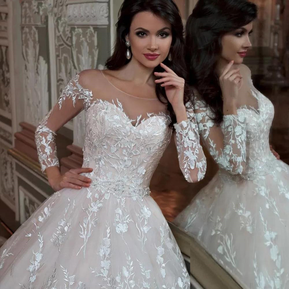 Dubai Arabic Princesse Ball Gown Wedding Dresses 2022 Elegant illusion long sleeve Lace floral Applique Shiny Bridal Gowns