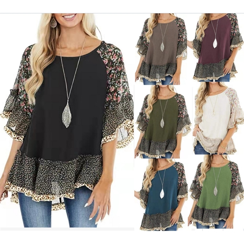 Casual Fashion Printed Lace Patchwork Leopard T shirt Spring Summer Half Flare Sleeve O neck Loose Top Women s Clothing 220728