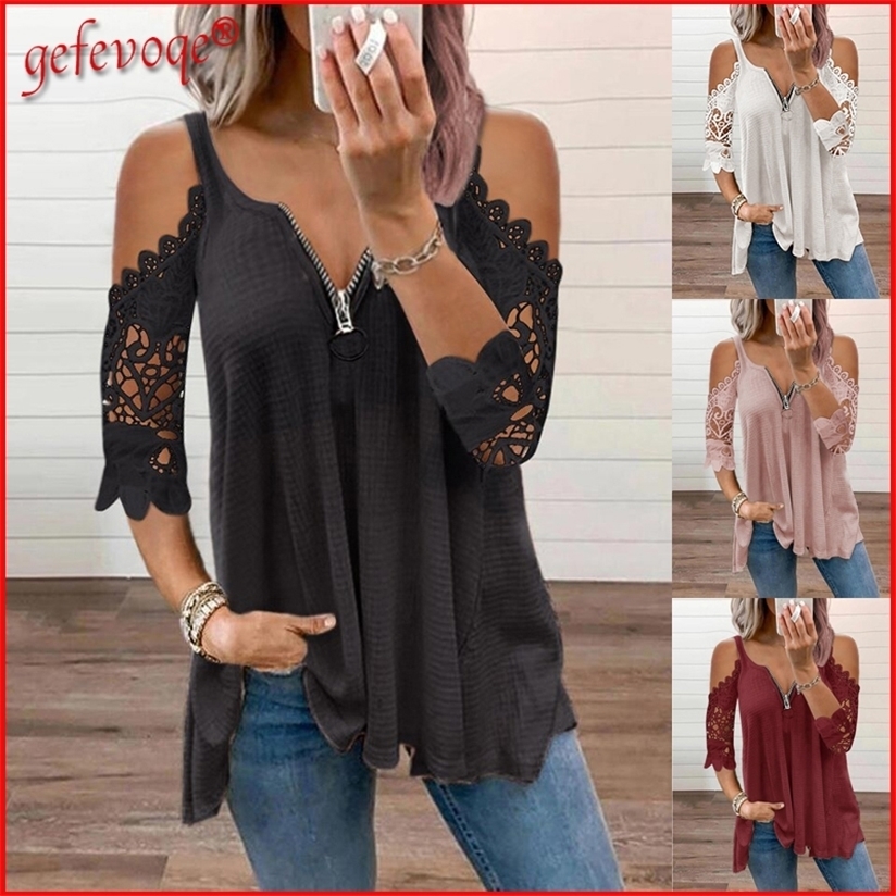 Summer Clothes for Women Sexy Off Shoulder Lace Tunic Tops Casual Elegant Half Sleeve V Neck Zipper Oversized Tees T-shirt 220328