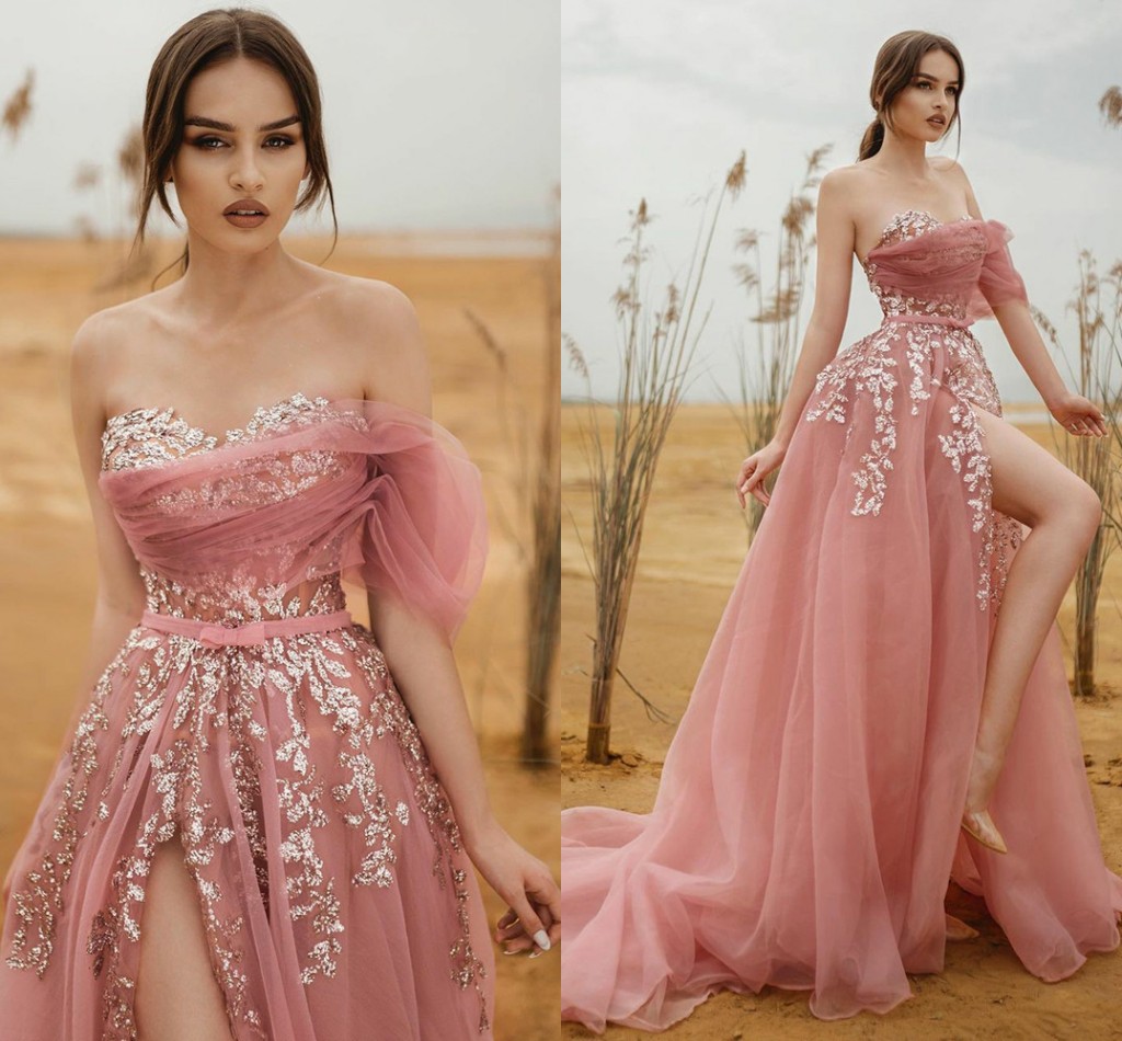 Pink A-Line Sequin Appliques Tulle Prom Evening Dress Sweetheart One Shoulder Straps Formal Gowns Sexy High Slit Party Robe De Soiree Vestidos Noche
