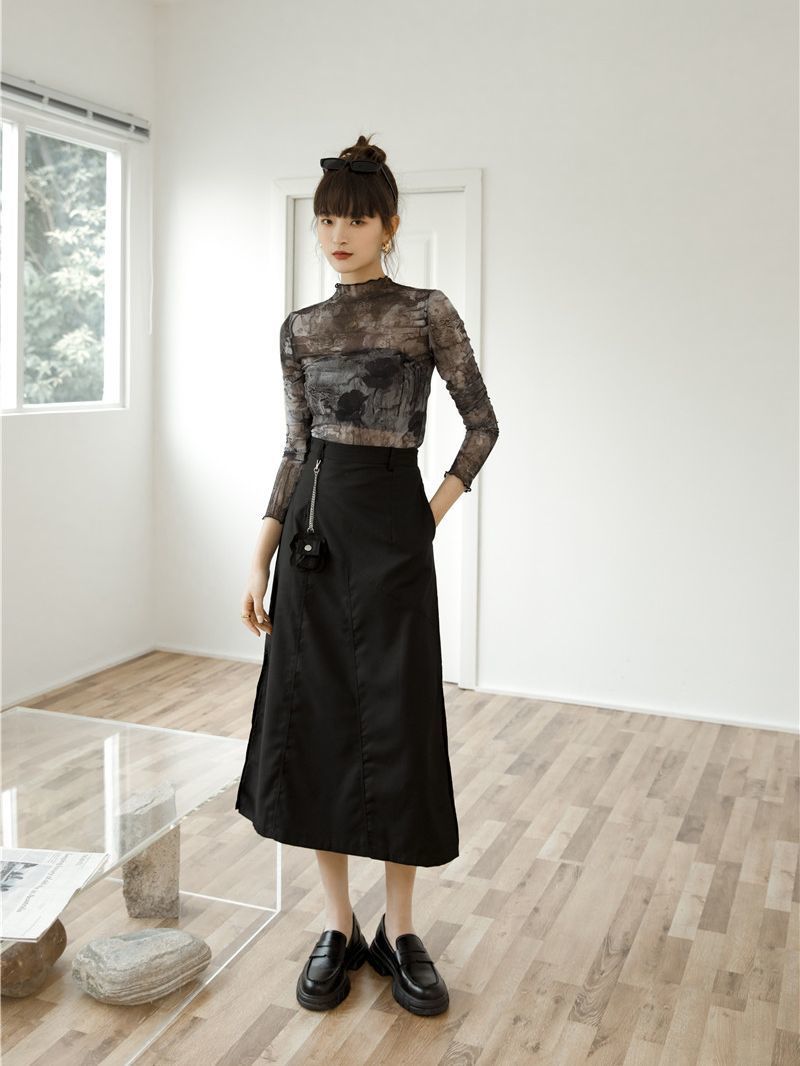 CHEERART Tulle Transparent Top Long Sleeve T Shirt Women Abstraction Print See Through Ladies Top Women Clothing 220527