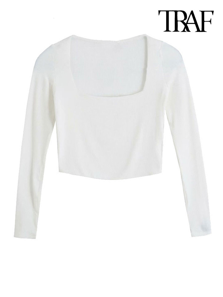 TRAF Women Sexy Fashion Fitted Cropped Ribbed Knitted T-Shirt Vintage Square Collar Long Sleeve Female Tops Mujer 220321