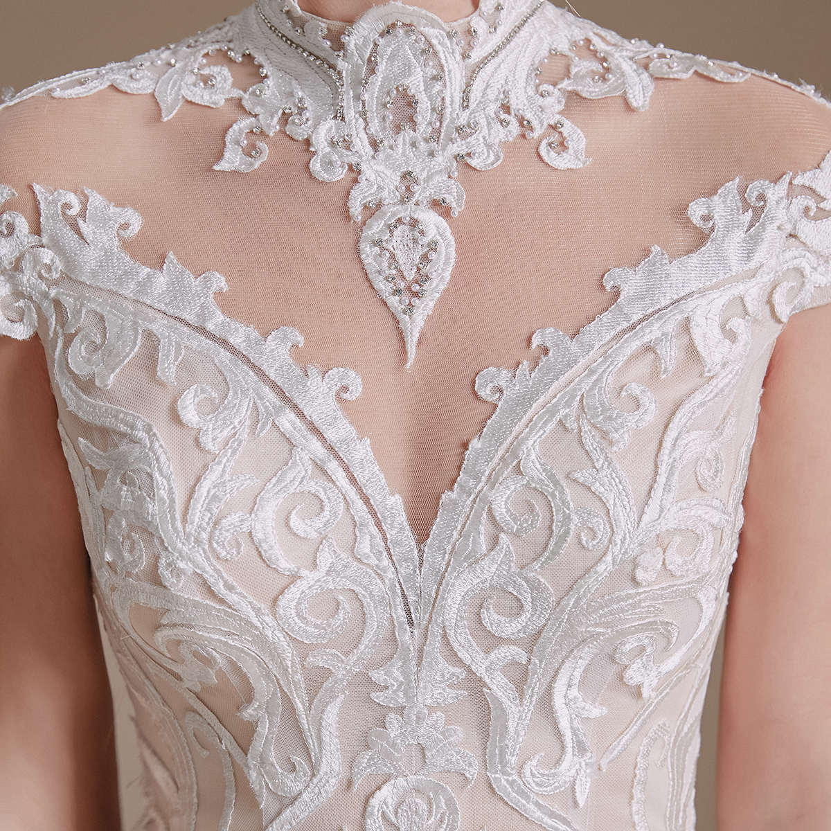 Vintage High Neck Lace Mermaid Wedding Dresses Sheer Cap Sleeves Beaded Illusion Backless Sweep Train Bridal Gowns vestidos de novia Wedding Dress CPS