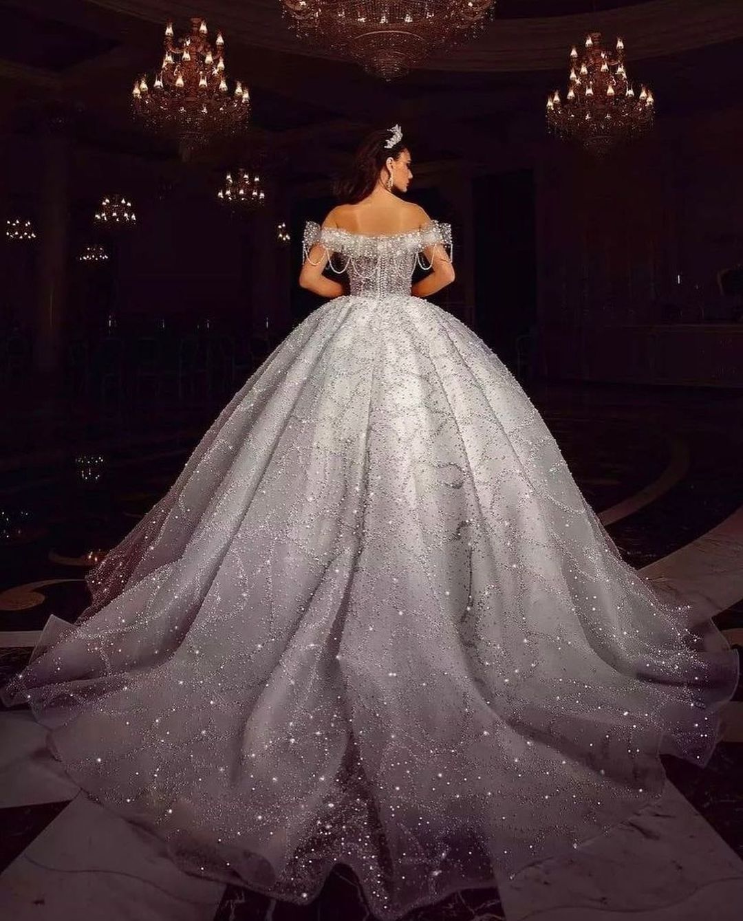 Princess Ball Gown Wedding Dresses Appliques Deep V Neck Off Shoulder Sleeveless Sequins Beads Lace Ruffles or Length Shiny Bridal Gowns Plus Size Cus