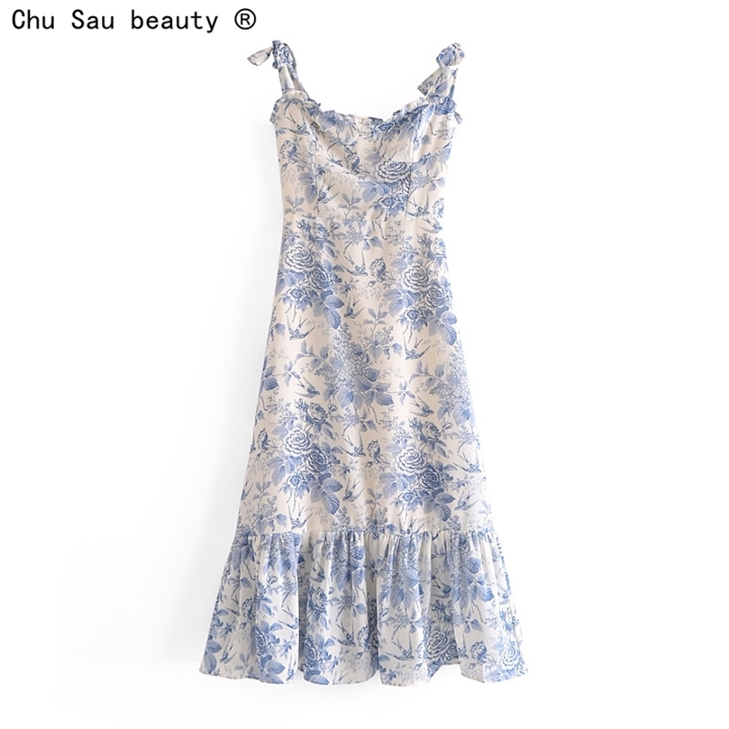 Summer Lace Up Bowknot Spaghetti Strap High Waist French Vintage Printed Ruffle Camisole Dress Female Fashion 220510