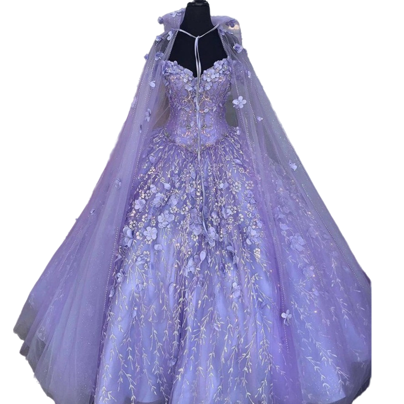 Princess Lavender Quinceanera Sweet 16 Dresses 3D Floral Lace Appliques Off Shoulder Brithday Dresses With Wrap Lace-up Flowers Prom Ball Gowns Gradua
