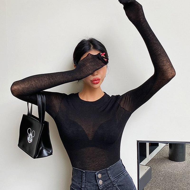 Basic Cotton Summer T Shirt Women Long Sleeves Tee High Elasticity Breathable Sexy Thin T-shirt see through Female Top 220328