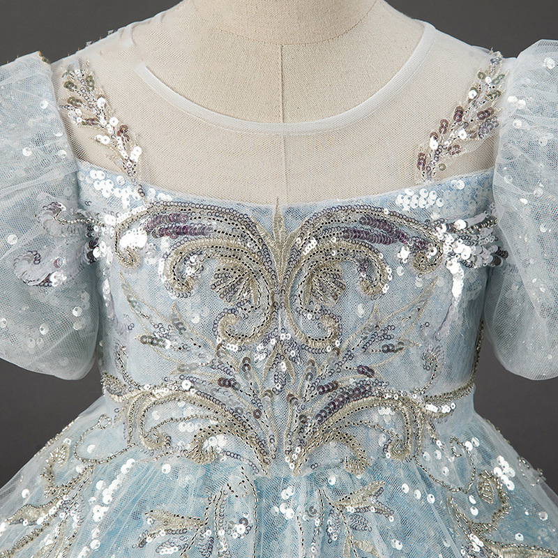 2023 Cute Light Sky Blue Girls Pageant Dresses Princess Tulle Lace sequined Pearls Kids Flower Girl Dress Ball Gown Birthday Gowns Floor Length Hand M