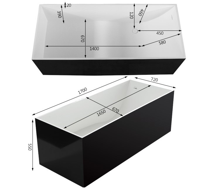 1700x720x540mm Solid Surface Stone Bathtub Rectangular Freestanding Corian Seamless Pure Acrylic Tub RS6514