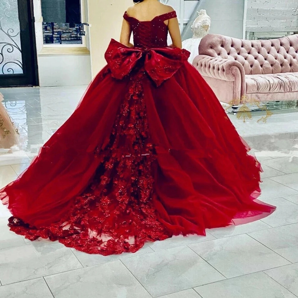 Dark Red Flowers Princess Quinceanera Dresses With Big Bow Back 3D Floral Glitter Sequined Top Off Shoulder Prom Ball Gown Sweet 15 16 Years Formal Pa