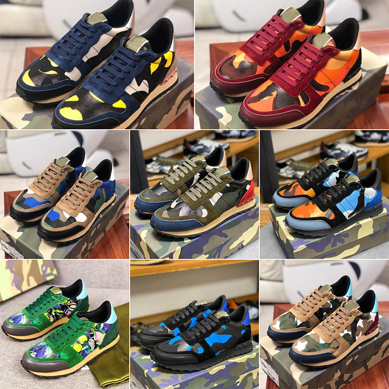 Top Quality Camouflage Sneaker casual shoes Womens Mens Rivet Shoes Studded Flats Mesh Camo Suede Leather Trainers rockrunner chaussures 36-45