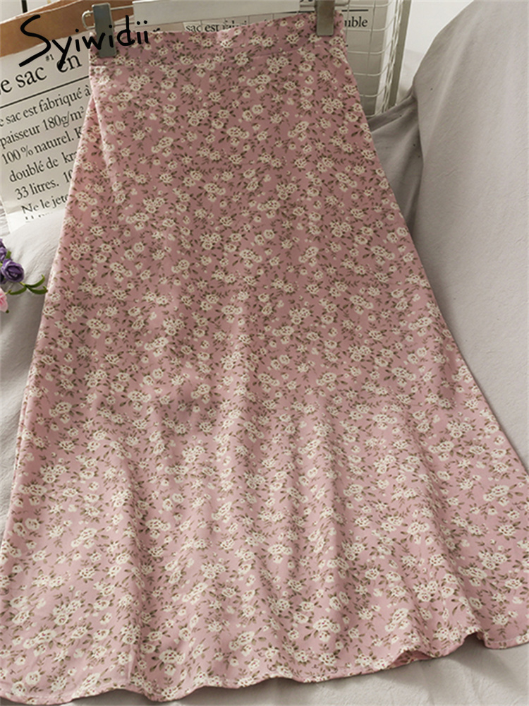 Syiwidii Vintage Floral Print Chiffon Long Skirts for Women Elastic High Waist Spring Summer Y2k Boho Elegant Midi Skirt 220701