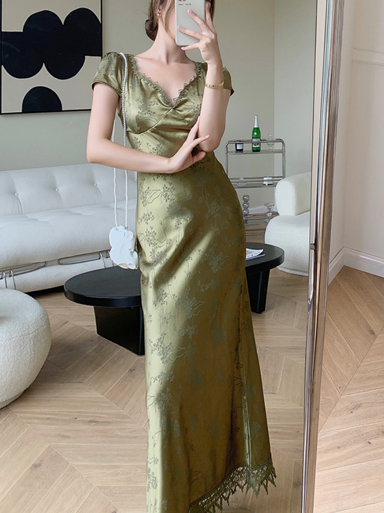 Elegant Women Green Satin Backless Mixi Dress Short Sleeve Lace VNeck Bandage Vintage Bodycon Dress Robe Summer Vestidos 220611