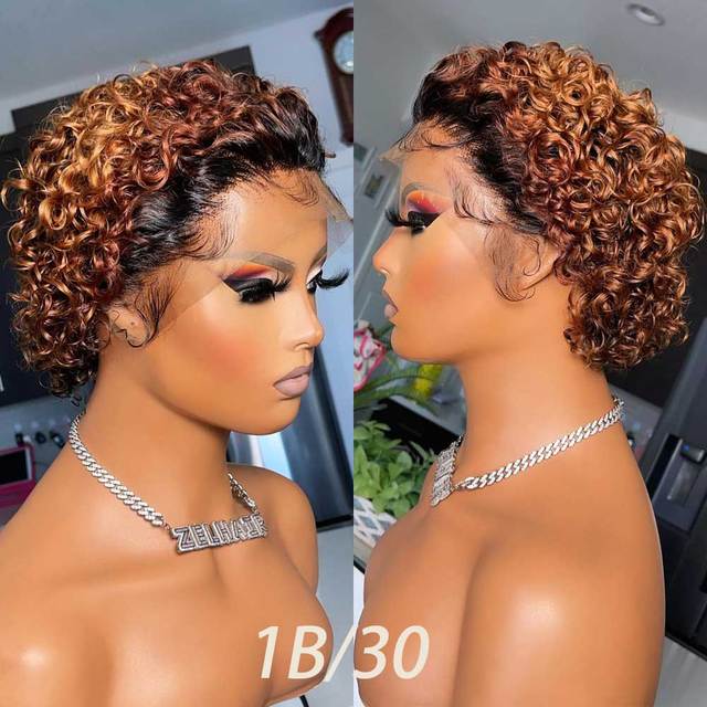 Ombre Blonde Pixie Cut Wig Short Bob Curly Human Hair Wig With Natural Hairline Transparent Lace Wigs For Women Pre Plucked