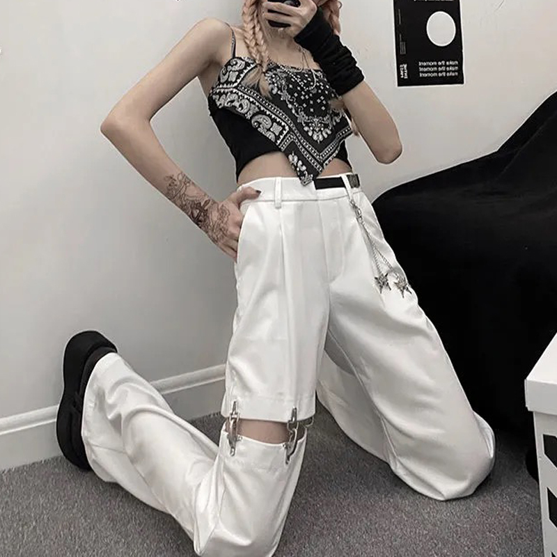 Fashion High Waist Wide Leg Pants Street Harajuku Black Trouser Plus Size Casual Loose Pant (with Belt and Chain) 220325
