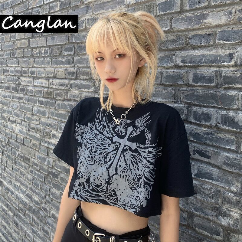 Gothic Style Crop Top T Shirt for Women Fashion Clothing Grunge Tshirt Summer Harajuku Tee Croptop Goth Emo Alt Clothes Dropship 220328