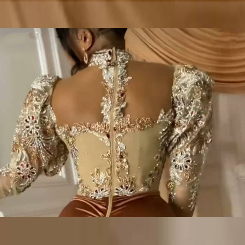 Arabic Mermaid Evening Party Dresses Sexy Slit Plus Size Long Sleeve Sheer Neckline Beads Crystals Appliques prom reception gown