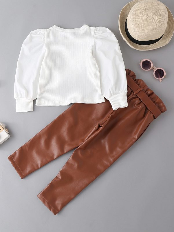 Toddler Girls Ribbed Knit Puff Sleeve Top & Paperbag Belted Pants SHE