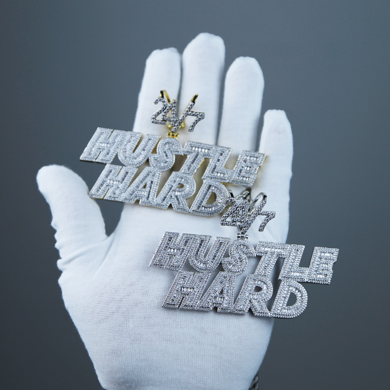 New Iced Out 5A Cubic Zirconia Cz Hustle Hard Letter pendent Necklace with Rope Chain men fashion Hiphop Rock Jewelry