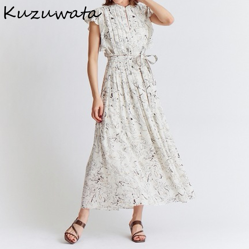 Kuzuwata O Neck Flying Short Sleeve Temperament Dress Women High Waist Hip A Line Long Slim Vestidos Summer Robe Print 220406