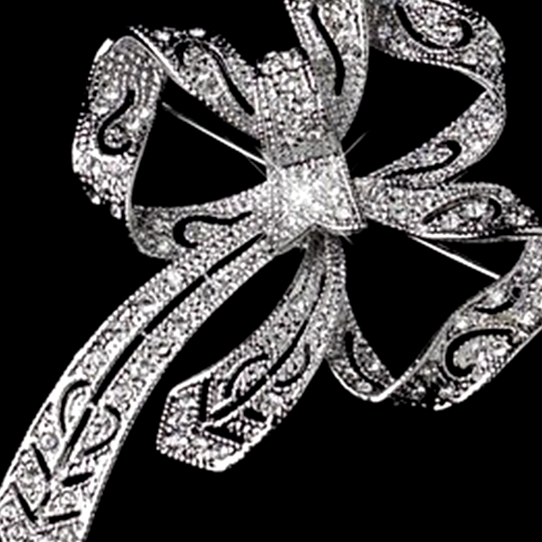 2.5" Rhodium Silver Tone Clear CZ Rhinestone Curly Ribbon Brooch