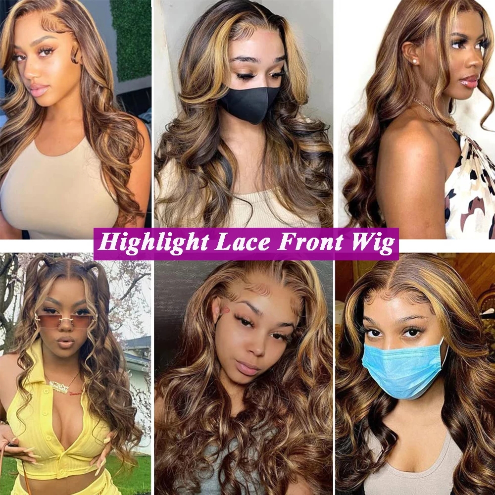 HD Highlight Wig Human Hair Brazilian Glueless Wig Brown Honey Blonde Colored braided full Wigs for Women Ombre Body Wave Lace Front 150% density