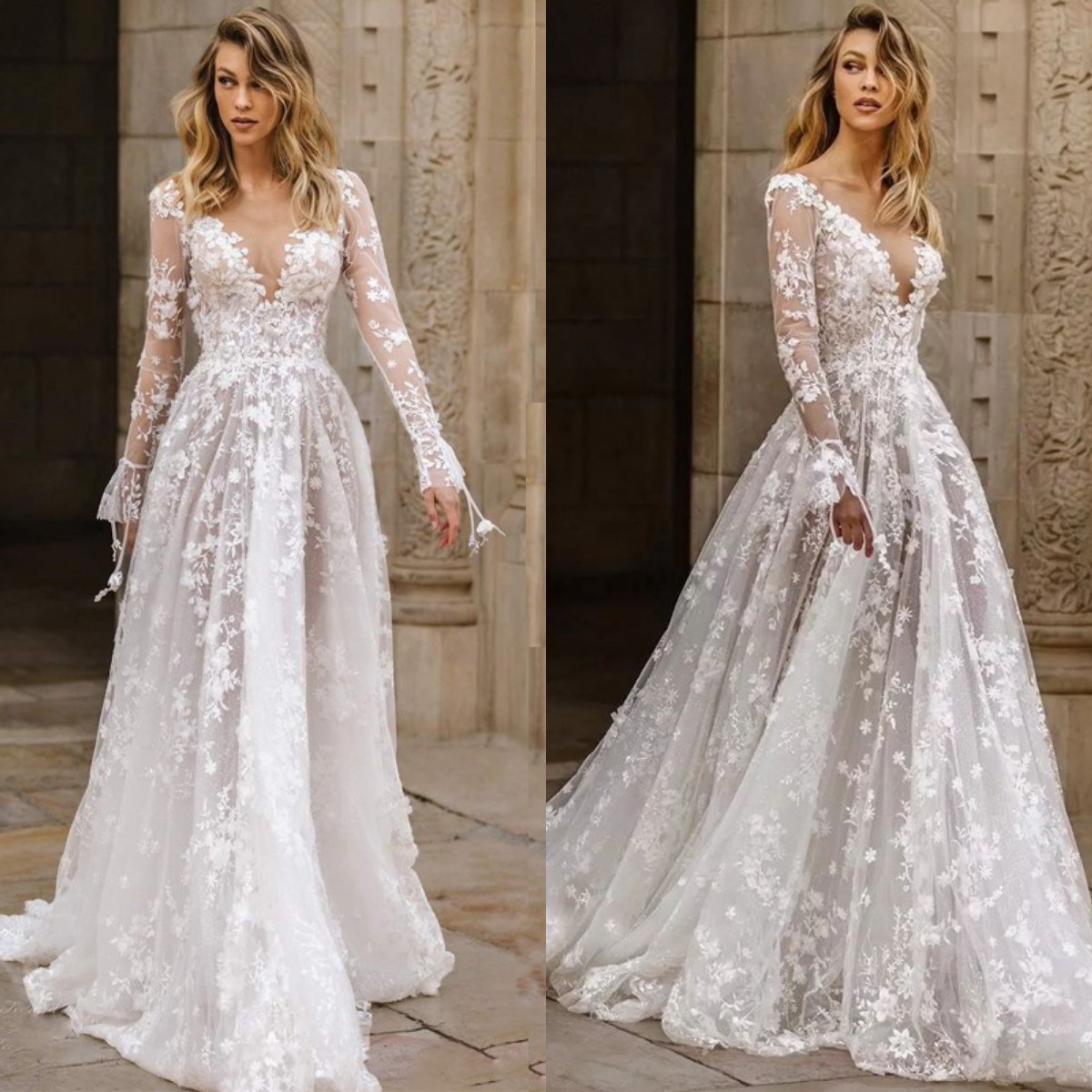 Boho Long Sleeve Backless Wedding Dress V Neck Lace Appliqued Bridal Dresses A Line Wedding Gowns Vestido de Noiva