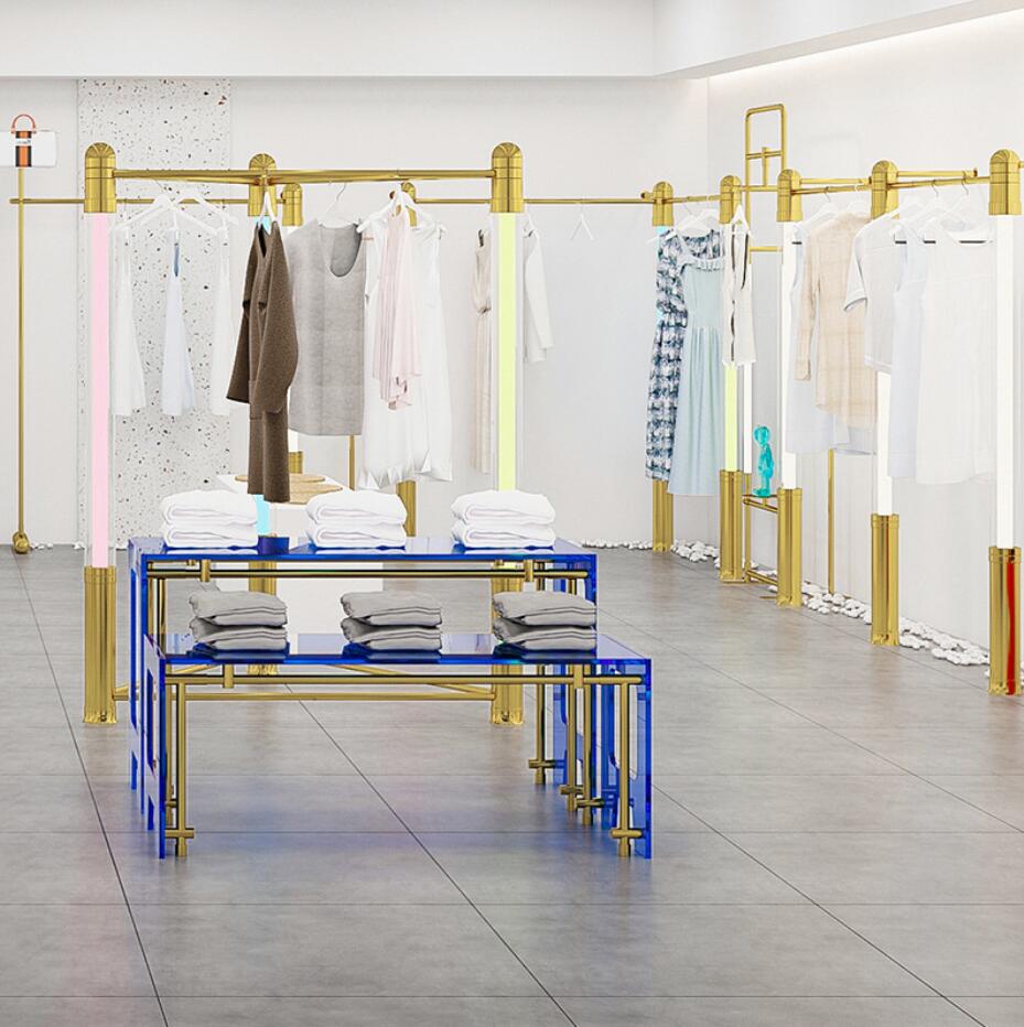 Women's clothing rack Commercial Furniture gold light-emitting band lamp acrylic wall show combination racks landing cloth store display shelf