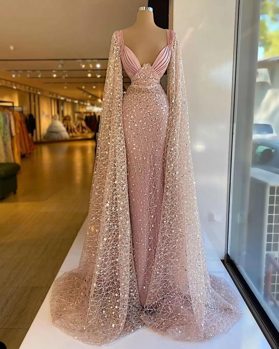 Evening Dresses Mermaid Pink Long Sleeves Designer Or Length Crystals Beaded Plus Size African Formal Prom Party Gown Custom Made 6660306