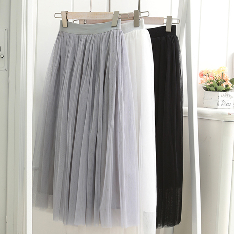 Vintage Tulle Skirt Women Elastic High Waist 3 Layers Aline Pleated Mesh Skirt Long Bride Tutu Skirts Female Jupe Longue 220701