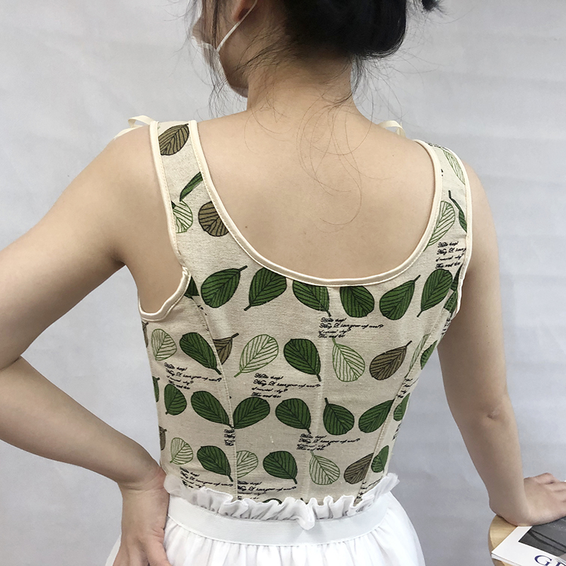 Women Corset Crop Tanks Fashion Linen Leaves Printed Tupe Tops Vintage Plastic Boned Overbust Bustier Camis Cyber Baby Tee Gothic Ropa Fairycore XXS-3