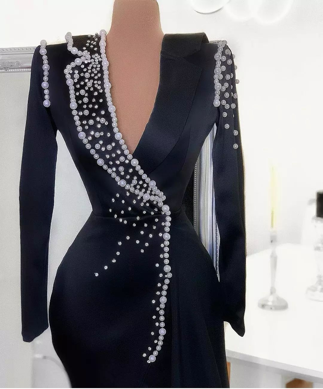 New Pearls V Neck Sexy High Split Evening Dress Floor Length Long Sleeves Custom Made Straight Prom Dresses Plus Size Gowns